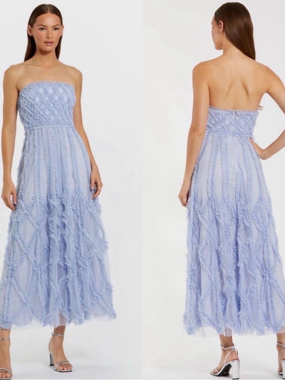 Mac Duggal Strapless Ruffled Midi Dress in Periwinkle